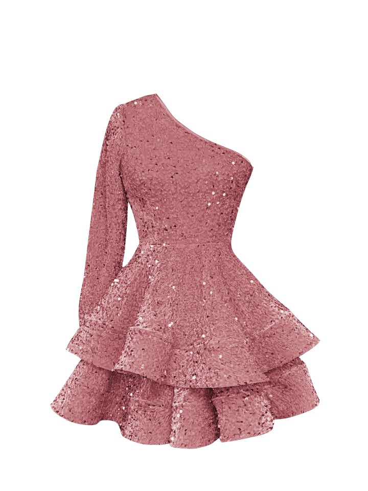 OFEECHUN Women's One Shoulder Sequin Homecoming Dress Short Sparkly Layered Long Sleeve Cocktail Gowns