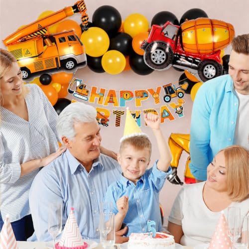 Image of Construction Theme Birthday Decoration Kit for Boys - 35 Pcs Happy Birthday Banner with Excavator, Crane, Forklift & Truck Foil Balloons Decoration Set for Kids Birthday Party