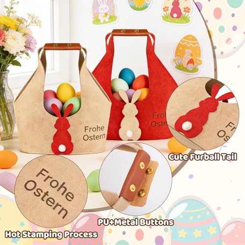 Kuvarix 2 Stück Osterkörbchen Kinder, Rot/Khaki Filzkorb Ostertüten zum Befüllen, Ostertüten mit Henkel mit Hasenmotiv, zum Verpacken von Geschenken, Partyzubehör, Eiersuche
