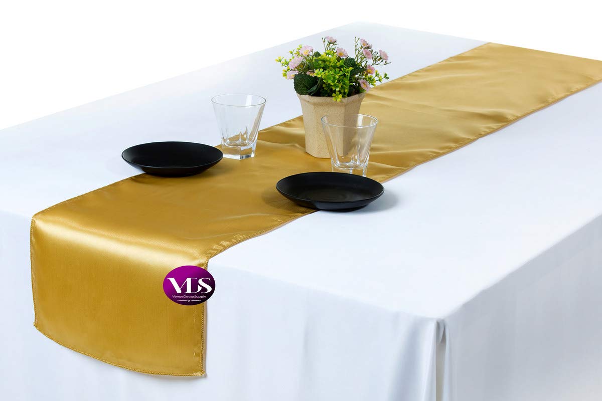 VDS Pack of 12 Satin Table Runners Charmeuse Sateen Silk Centerpiece Cloth Linen for Wedding Birthday Graduation Engagement Ceremony Event Party Banquet Table Decoration (12x108 inch)(Gold)