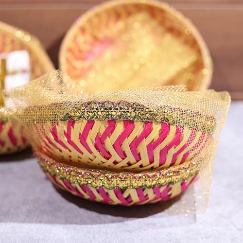 Image of SCISSORS CRAFT Handmade Colorful Net Covering Bamboo Basket For Wedding And Festival Gift Purpose (5)