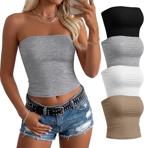 Huukeay 4 Pack Women's Cotton Tube Tops Strapless Ribbed Knit