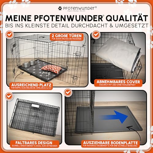 PFOTENWUNDER® Hundekäfig für zuhause, Gitterbox Hund in 3 Größen, 2 Türen + 1 Cover, 1 Trainingsbuch, Tiertransportbox Hundetransportkäfig klappbar, Hunde-Transport-Box Auto Drahtkäfig (107*71*77,5cm)