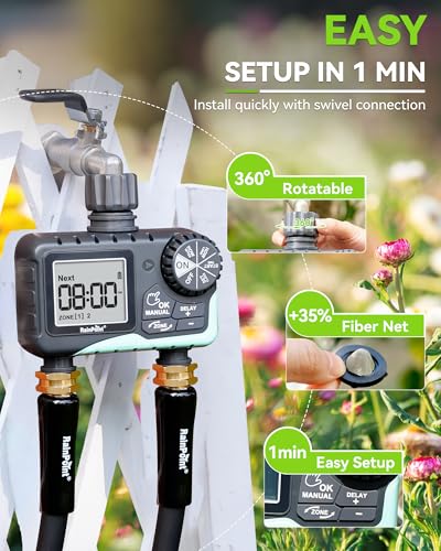 Image of RainPoint ITV205 Automatic Garden Drip Irrigation Water Timer | 2-Zone | Universal Tap Adapter | LCD