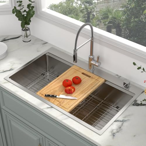 Image of Kichae 36 Inch Drop in Kitchen Sink - 36x22 Drop Sink 16 Gauge Stainless Steel Ledge Workstation Single Bowl Topmount Overmount Handmade Basin