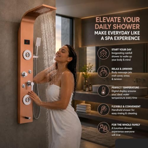 Image of ZeeCry 7 in 1 Full Set Stainless Steel 304 Shower Panel for Bathroom with Hand Shower /Showerhead /Body Massage Jets /Shower System with Hot & Cold Mixer (3 function hand shower) (Rose Gold)