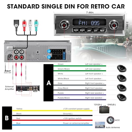 Retro Style Classic Car Radio - ABSOSO Bluetooth Single Din Vintage Stereo - AM FM Tuner USB AUX Input 4.1 CHN Subwoofer Output