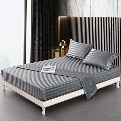 Image of Lanest Housing Satin-Silk Sheets Full Size Bed Set, Dark Grey Soft Cooling Deep Pocket Sheets, Hypoallergenic, Wrinkle and Fade Resistant Bedding Set, Striped
