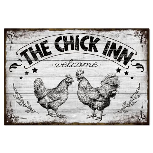 GLOBLELAND Das Chick Inn Welcome" Vintage Farm Chick Inn Metall Blechschild Huhn Hahn Henne Blechschild 12x8 Zoll Kunsttafel Poster Wanddekoration Für Zuhause Bauernhof Gasthof Coop