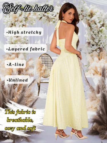 Image of ChiaoLezhee Deep V Neck Dress, Halter Maxi Dresses, Vacation Date Night, Sexy for Women Corset Flowy Wedding Guest Drop Waist