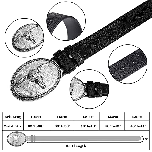 Xuniea Cowboy Belt For Men Longhorn Bull Buckle Belt Western Leather Buckle Belt Floral Engraved Buckle Belt (Black, 45 Inch) #TOP2