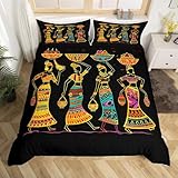 Feelyou African Woman Themed Bedding Set for Girls Boys Children African Stripe Pattern Comforter Cover Ethnic Afro Duvet Cover Room Decor Traditional Exotic Bedspread Cover Queen Size 3Pcs