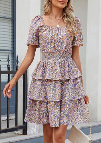 Image of PRETTYGARDEN Women's Summer Floral Ruffle Short Dress | Short Sleeve Square Neck, Flowy Tiered Hem, Fit and Flare, Flower Boho Dresses, Cute Beach Vacation Outfits, Fashion Clothing