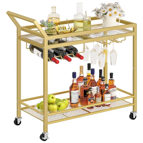 HOOBRO Bar Cart for The Home, Gold Bar Cart, 2-Tier Home Bar Serving Cart with Wine Rack and Glass...