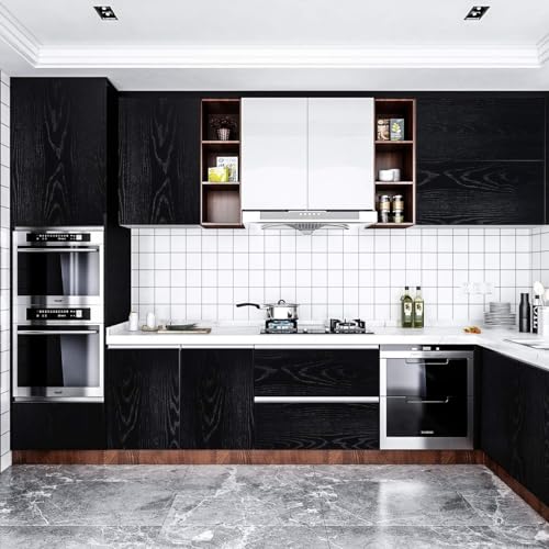 Image of SUNBIRD Black Wood Wallpaper, PVC and Wood Composite, Self-Adhesive, DIY, 24in x 3m, Ideal for Smooth Flat Surfaces, Kitchen, Home Decoration