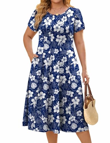 INVOLAND Plus Size Dresses Summer Short Sleeve Midi Loose Fit A Line Casual Pleated Dress with Pockets Blue Flower