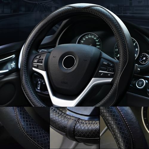 Image of Valleycomfy Steering Wheel Covers Universal 15.75 inch - Genuine Leather, Breathable, Anti Slip & Odor Free (Black with Black Lines, L(15 inch 1 /2-16 inch))
