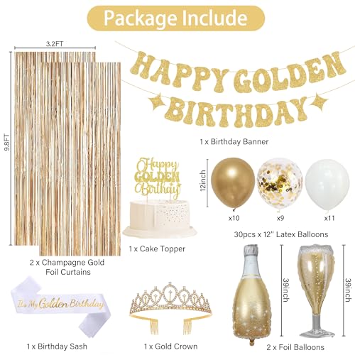 Image of Trgowaul It's My Golden Birthday Decorations for Women Girls, Banner, Sash and Crown, Cake Topper, Latex Balloons Fringe Curtains, Champagne Gold Happy Birthday Party Supplies