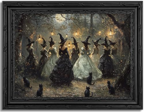Black Framed Wall Art Gothic Witch with Black Cat Canvas Print Dark Academia Halloween Decor Picture Moody Fantasy Witch Dancing Artwork for Living Room Bedroom 9x11 inch - image 1