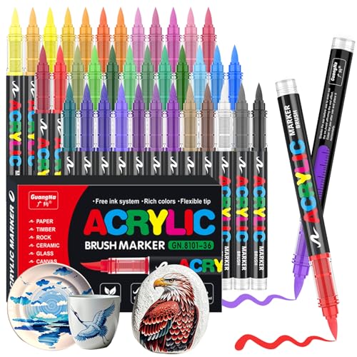 Gelanty Acrylic Paint Pens, 36 Colors Acrylic Marker Pens with Flexible Brush Tip, Direct Liquid Glass Paint Pens for Rock Painting, Ceramic, Wood, Glass