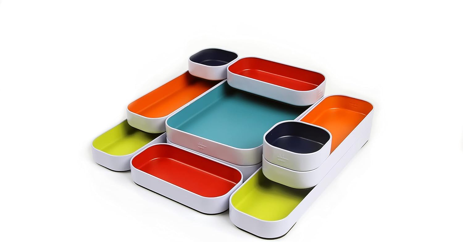 Three by Three Seattle Set di 10 vassoi in metallo poco profondo, per riporre trucchi, cancelleria, utensili e altro ancora nella scrivania dell'ufficio, nei cassetti della cucina e del bagno (2,5 cm,