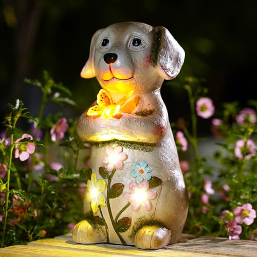 Goodeco Hund mit Schmetterling Solar Deko Figur - Gartenfiguren & Balkonschmuck für Terrasse, Rasen & Außenbereich | Geschenkideen für Frauen, Mutter & Oma | Wetterfeste Gartendekoration in Braun