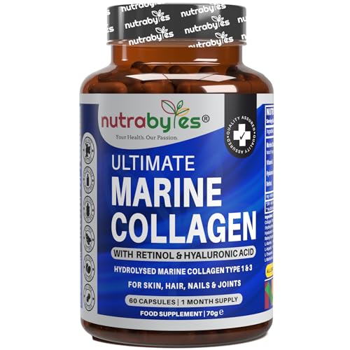 Nutrabytes Ultimate Marine Collagen Supplement, 900mg (60 Capsules) | Type 1 & 3 Hydrolysed Peptides with Hyaluronic Acid, Vitamin C for Skin, Hair, Nail, Joint & Bone Health | 1 Month | Made in UK