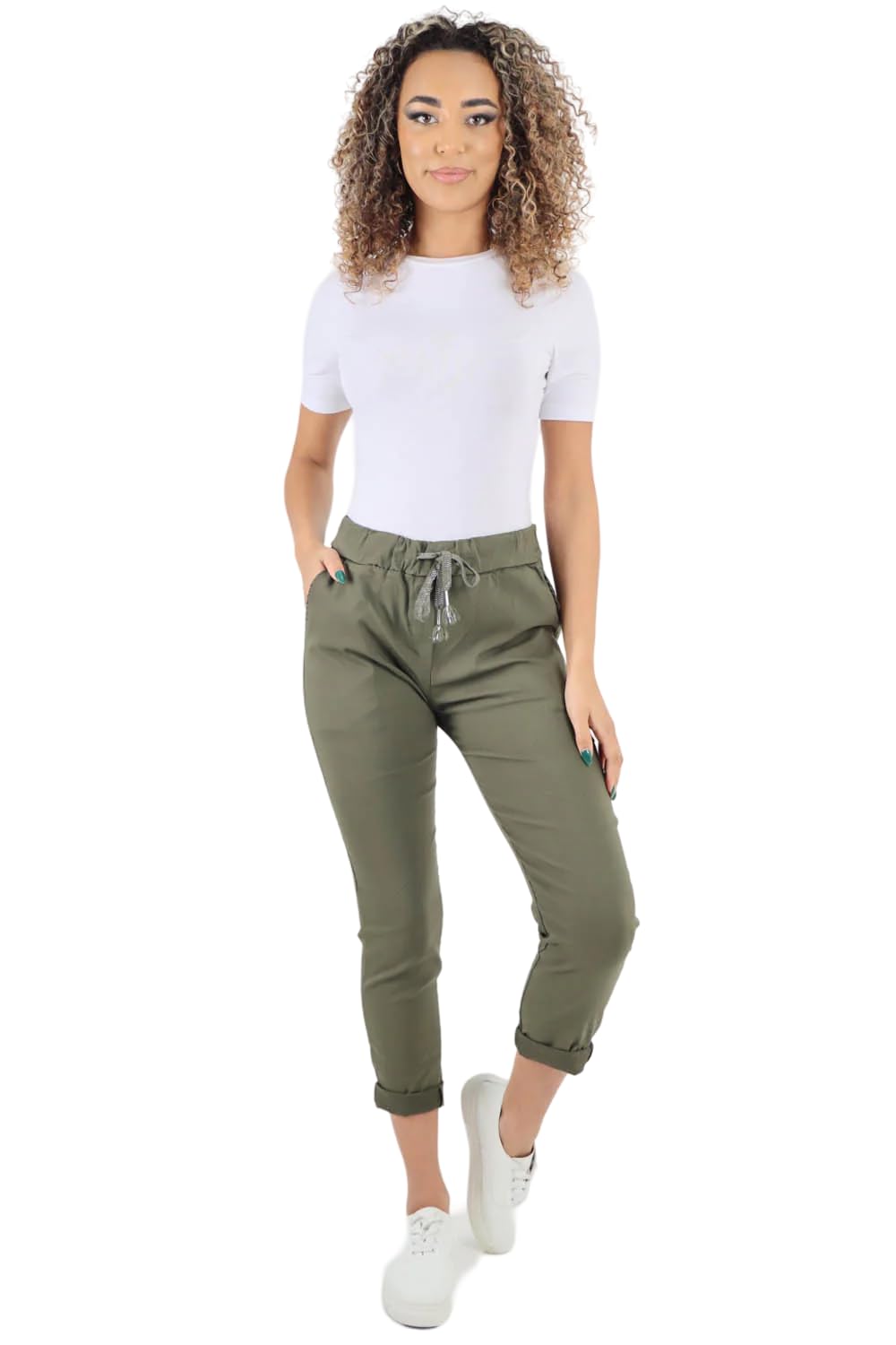 Turnhint Women's Khaki Turnhint® Plain Magic Trousers, Italian Lagenlook Crushed Casual Stretchy Joggers Yoga Pants With Back Pocket (, 10-16)