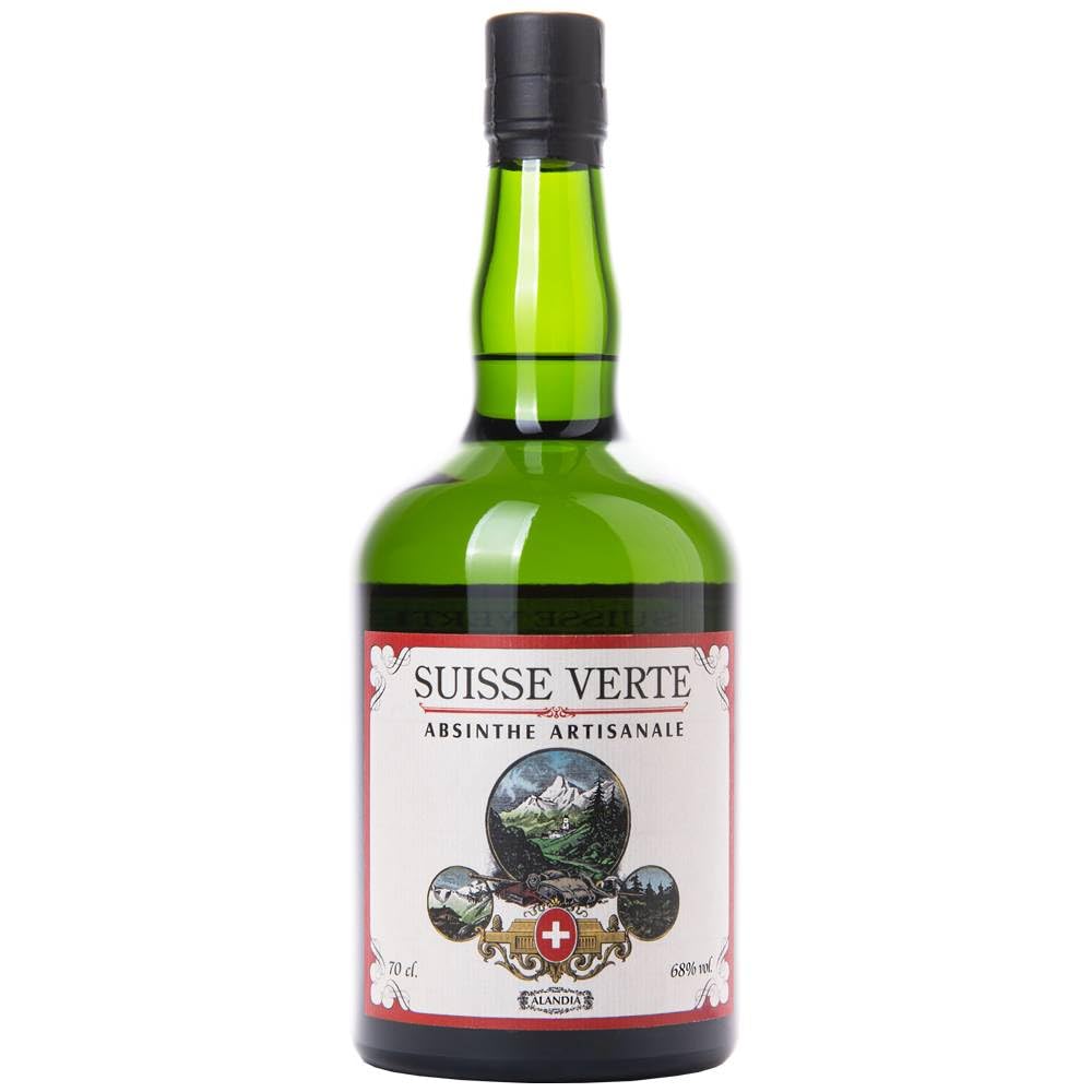Absinth Set Suisse Verte von ALANDIA | 1x Schweizer Absinth | 2x Reservoir Gläser | 2x Edelstahl Löffel | 1x Zuckerwürfel