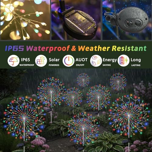 Solar Garden Lights Outdoor 4 Pack 210 LED Firework Lights Decor Multicolor - 4