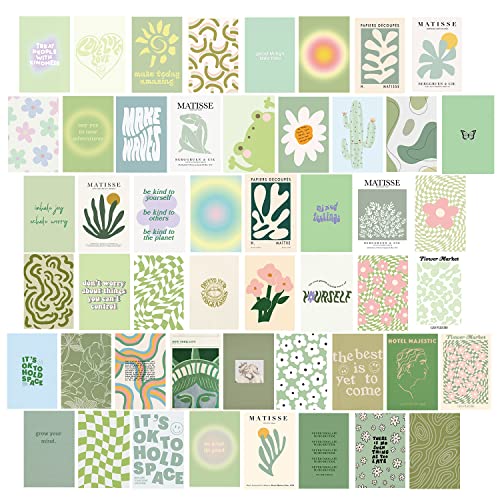 Haoran 50PCS Sage Green Danish Pastel Collage Kit, 4x 6' Wall Collage Kit for Girls' Bedroom Art, Trendy Teen Room Decor, C08-G