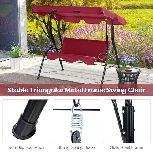 Image of Tangkula 3 Person Porch Swing, Patio Swing with Removable Cushion & Powder-Coated Steel Frame, Outdoor Swing with Canopy for Porch, Backyard, Garden, Balcony (Wine)