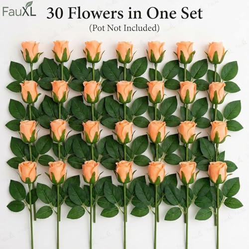 Image of Set of 24 Artificial Rose Flowers Bunches for Vase - Home Decoration Gift Items for Living Room Corner Table Top Bedroom Wedding (Pot Not Included) - 24 CM (Orange)