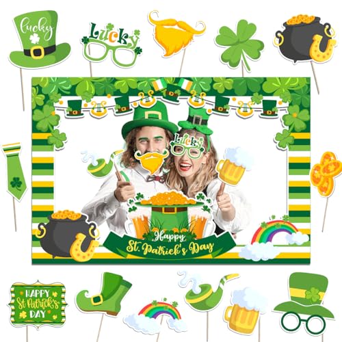 Zhynice St. Patrick's Day Photo Booth Props Kit, Green Cardstock Irish Shamrock Selfie Props with Photo Frame for Saint Patrick's Day Decor Favors Supplies
