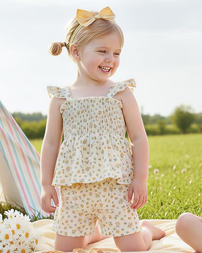 Image of Mioglrie Toddler Baby Girl Summer Clothes Infant Spring Outfits Ruffle Sleeveless Shirt Baby Shorts Headband Clothing Set