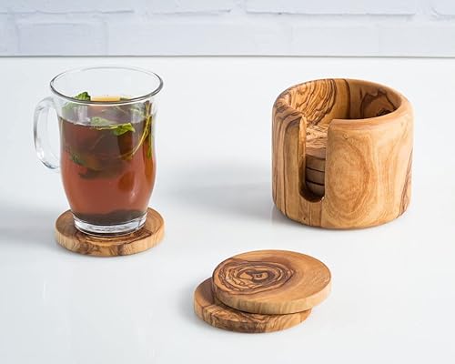 DARIDO Ensemble de 6 sous Verre Rondin de Bois d'Olivier Rustiques avec Support - Faits à la Main - 8 cm - Rondins de Bois Déco - Dessous de Verre - Tranche Bois Décorative - sous Tasse de Bois Cover