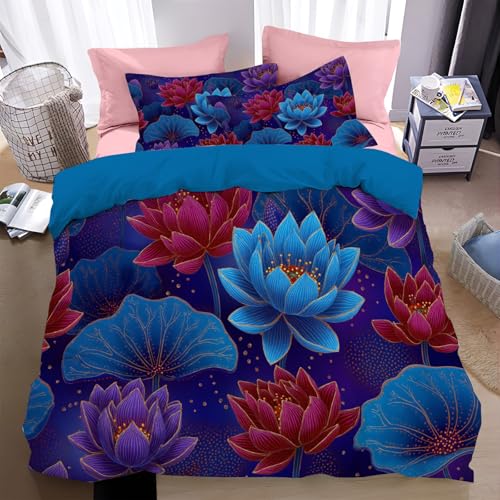 Juego de Funda Nórdica Reversible de Microfibra Mandala de Estilo Bohemio- Funda de Edredón para Cama 80/90 Cremallera + 1 Fundas de Almohada 50x75 cm,Suave y Lavable,Flor de Loto Abstracta