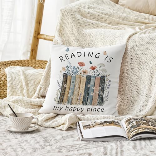 Image of Floar Book Lover Reader Gifts Pillow Covers, Bookish Bookworm Gifts, Reading is My Happy Place Book Pillow Cover Gifts for Women 18x18,Book Nook Decor,Reading Pillow for Kids