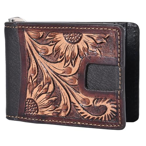 Genuine Leather Rodeo Bifold Money Clip Wallet For Men Women Brown With Floral Hand Carved Tooled