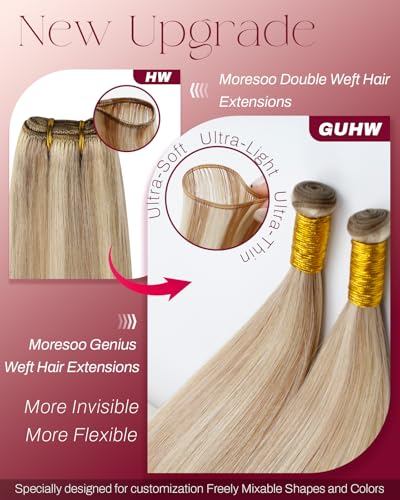 Image of Moresoo Genius Weft Hair Extensions, Highlights Golden Beige with Blonde | Crafted with Remy human hair, 18 Inch 50g, smooth strands for weddings, parties and everyday hairstyles