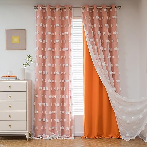 Image of MYSKY HOME Orange Curtains 90 Inch Long for Living Room Nursery Curtains for Bedroom Double Layer Curtains White Pom Pom Sheer Curtains for Dining Room Grommet Room Darkening Window Panels 52 inch x 90 inch