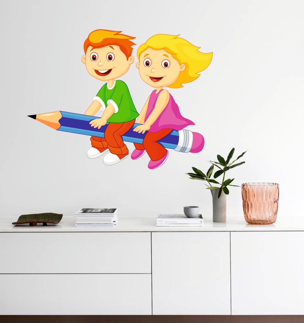 Baby Girl and Boy Pencil is Flying Wall Sticker for Living Room, Kids Room, Pooja Room (Size - 40CM X 30CM)