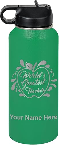 Miniatura 31 de LaserGram Botella de agua con tapa abatible de doble pared de 32 onzas con popote, el mejor maestro del mundo, grabado personalizado incluido (verde