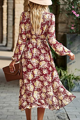 Image of PRETTYGARDEN Women's Floral Boho Dress Fall Long Sleeve Wrap V Neck Ruffle Flowy Maxi Spring Wedding Guest Vacation Dresses