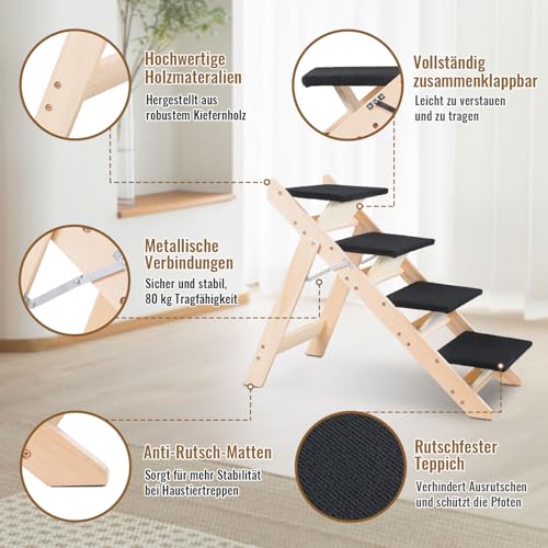 Jiubiaz Hundetreppe Klappbare Haustiertreppe 65,5cm Hoch, 4-Stufig Faltbare Katzentreppe, Hunderampe, Maximale Belastung 80kg, Tiertreppe mit Rutschfester Trittmatte für Hunde und Katzen
