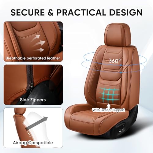 Image of TIEHESYT Car Seat Covers Full Set, Breathable Leather Automotive Front and Rear Seat Covers & Headrest for Reduce The Driving Fatigue, Compatible with Most Vehicles, Cars (Brown, Front Pair)