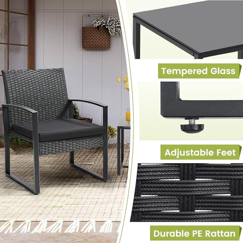 Murago 3 Piece Wicker Patio Bistro Set, Rattan Conversation Set with Coffee Table, for Balcony, Porch, Garden, Yard, Poolside, Black Frame with Black Cushion - Image 5