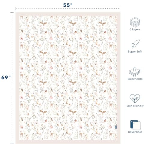 Image of GRSSDER Cotton Muslin Quilt Blanket - Silky Soft and Breathable Kids' Throw Blanket, Oversized Muslin Blankets for Newborns, Toddlers & Kids, 6 Layers Reversible Design for All Seasons, 55 inch x 69 inch