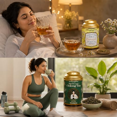 Image of Sancha Tea Boutique, Tea Combo Pack: Chamomile Herbal (50g) & High Mountain Oolong Teas (50g), Loose Leaves, Supports Calming & Weight Relief