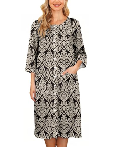 Image of Bloggerlove House Dress Women Cotton Snap Front Nightgown 3 /4 Sleeve Housecoat Duster Robe with Pockets Moomoo Patio Dress